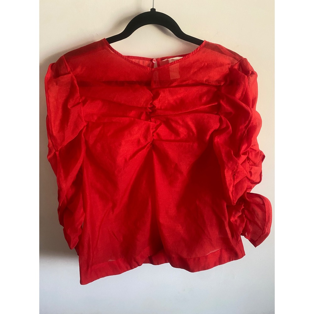 HM Red Ruched Front Sheer Blouse Long Gathered Sleeve Size 14